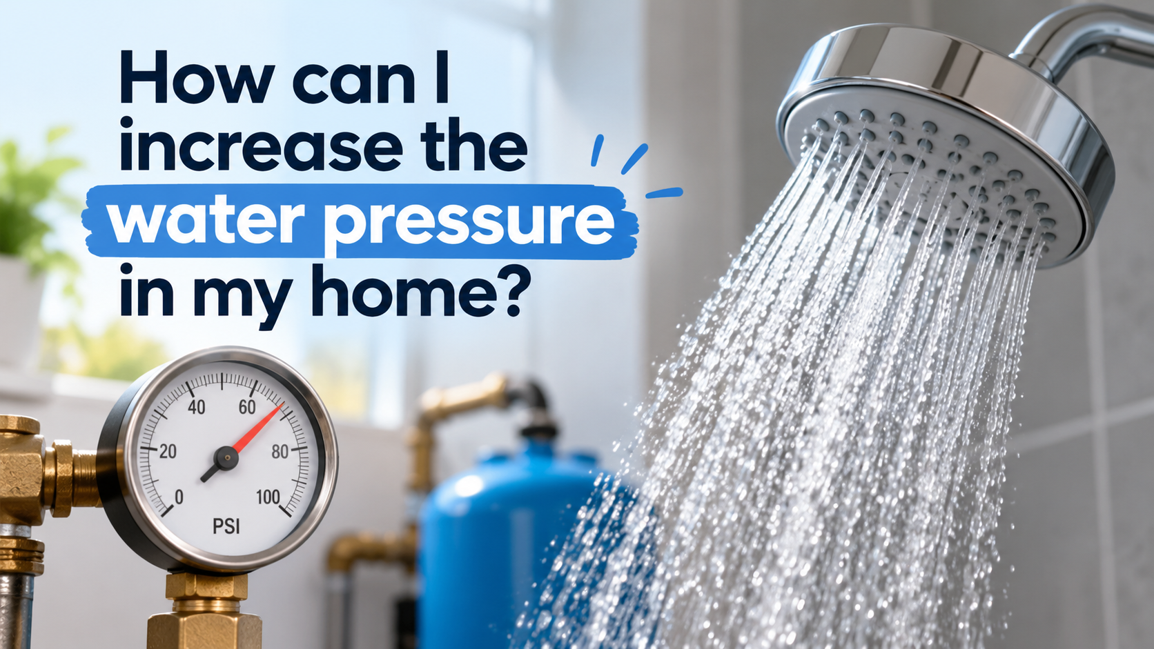 Shower running with strong water pressure alongside a pressure gauge, illustrating how to increase water pressure at home.
